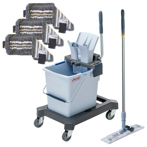 Тележка уборочная VILEDA PROFESSIONAL "УльтраСпидПро" КОМПЛЕКТ с ЧЕРЕНКОМ 150 см, ведро 25 л, база, отжим, ШВАБРА + 3 МОПа, 166378