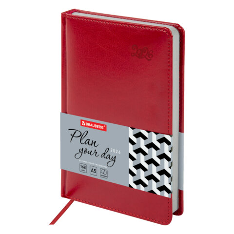 Ежедневник датированный 2026, А5, 138x213 мм, BRAUBERG "Rainbow", под кожу, красный, 117077