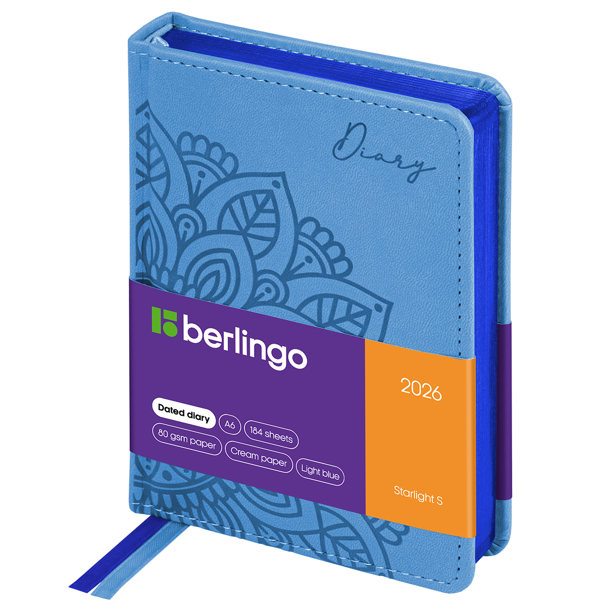 Ежедневник датированный 2026г., А6, 184л., кожзам, Berlingo "Starlight S", металлик срез, голубой
