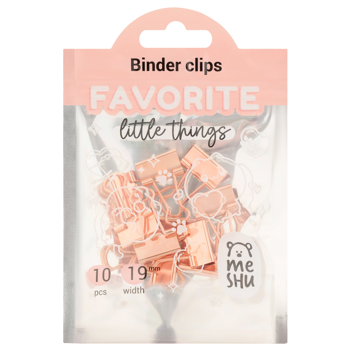 Зажимы для бумаг 19мм, MESHU "Rose Gold", 10шт., ассорти, пакет с замком зип лок, европодвес