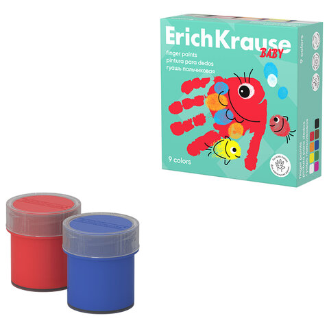 Гуашь пальчиковая ERICH KRAUSE "Baby" с алоэ вера, 9 цветов по 20 мл, картонная упаковка, 61400