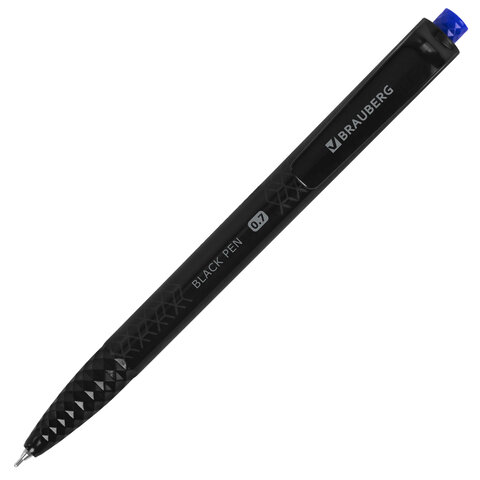 Ручка шариковая масляная автоматическая BRAUBERG "BLACK PEN RT", СИНЯЯ, игольчатый наконечник 0,7 мм, линия письма 0,35 мм, 144326