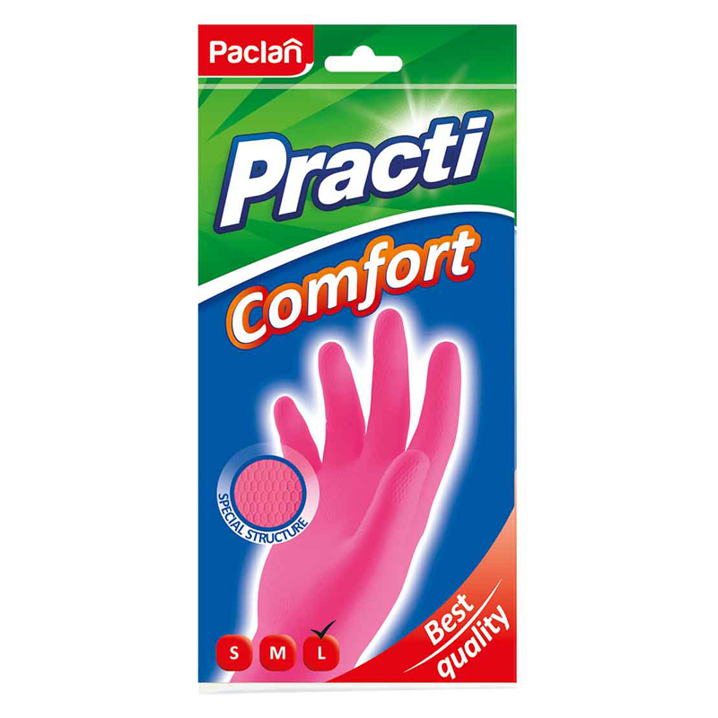 Перчатки резиновые Paclan "Practi. Comfort", разм. L, розовые, пакет с европодвесом