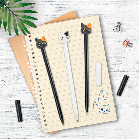 Ручка с топпером шариковая масляная ЮНЛАНДИЯ "Кошка", корпус ассорти, СИНЯЯ, пишущий узел 0,7 мм, 143804