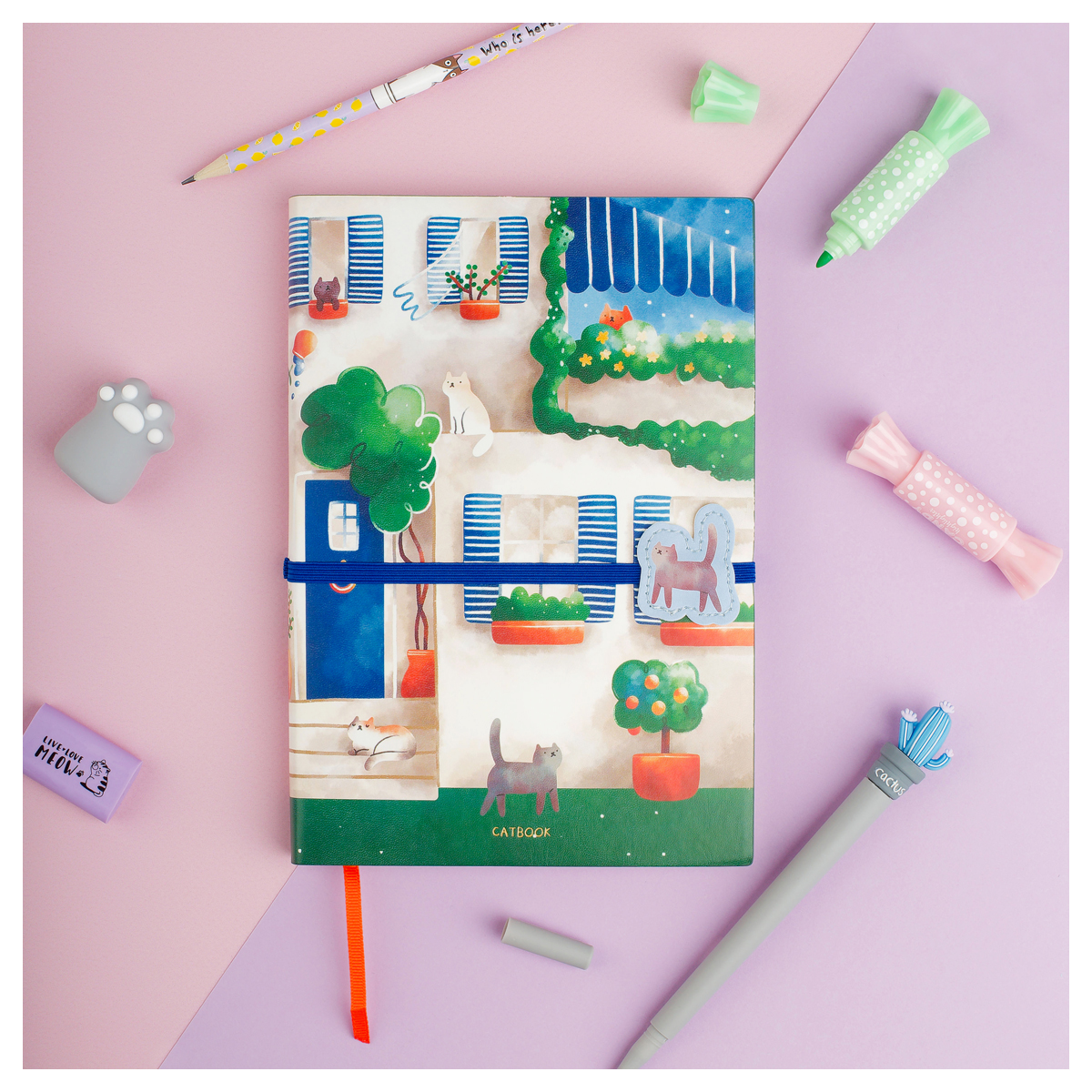 Ежедневник недатированный A5, 136л., кожзам, MESHU "Сat walk. Cattorini island", тон. блок, резинка-фиксатор с аппликацией, закладка-ляссе