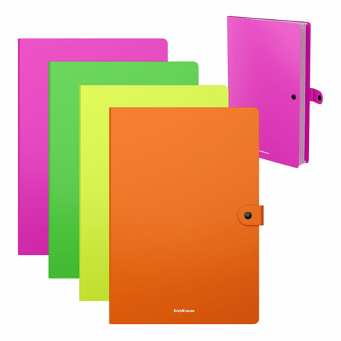 Папка-картотека на кнопке пластиковая ERICH KRAUSE "Matt Neon", A4, с 3 отделениями, ассорти, 54898