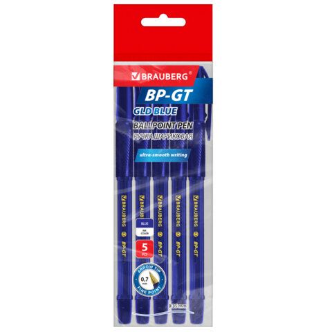 Ручки шариковые BRAUBERG BP-GT GLD BLUE, НАБОР 5 ШТУК, СИНИЕ, пишущий узел 0,7 мм, линия письма 0,35 мм, 144511