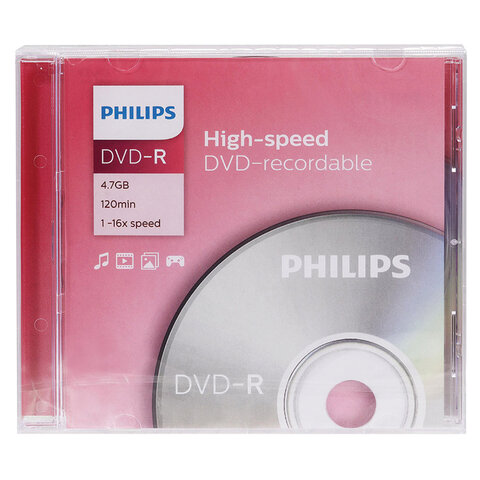 Диск DVD-R PHILIPS, 4,7 Гб, 16x, Slim Case (1 штука), DM4S6S01F/97