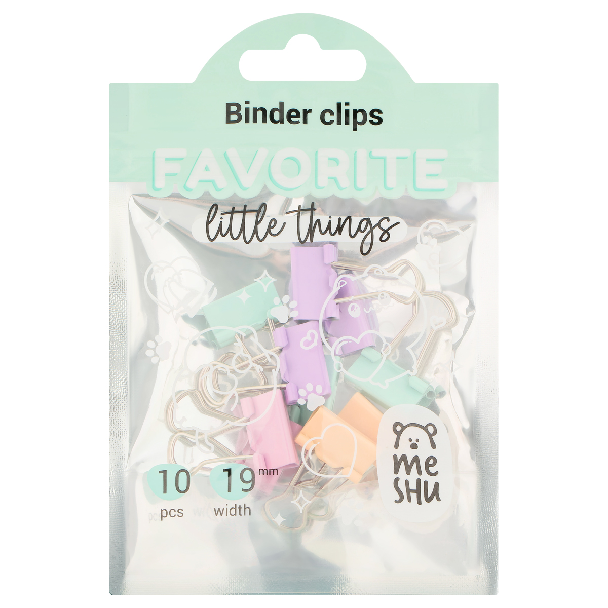 Зажимы для бумаг 19мм, MESHU "Pastel", 10шт., ассорти, пакет с замком зип лок, европодвес