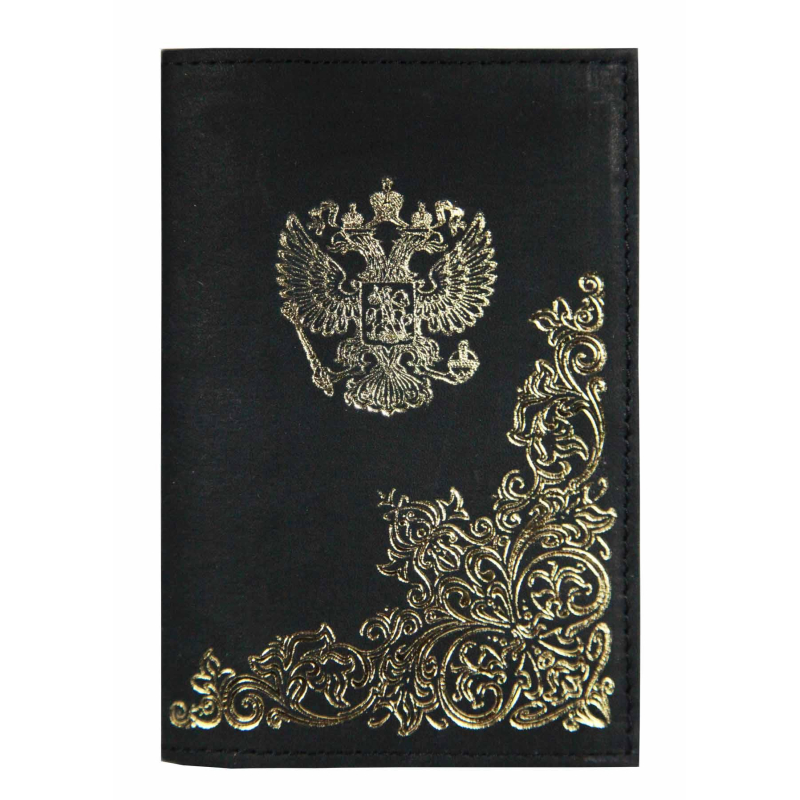 Обложка для паспорта натур.кожа,черный,тис.золотомНародная,1,2-058-211-0