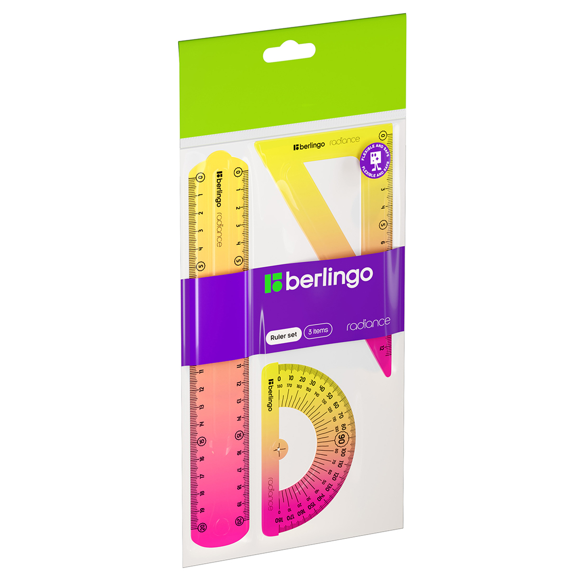 УЦЕНКА - Набор чертежный средний Berlingo "Radiance" (треуг. 14см, линейка 20см, транспортир) гибкий, желтый/розовый градиент