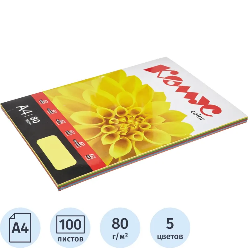 Бумага цветная Комус Color (микс интенсив 5цв: л,к,ш,з,г),80г,А4,100 л