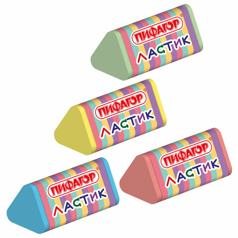 Ластик трехгранный ПИФАГОР "ЭНИКИ-БЕНИКИ", 35х18х18 мм, картонный держатель, ассорти, 272668