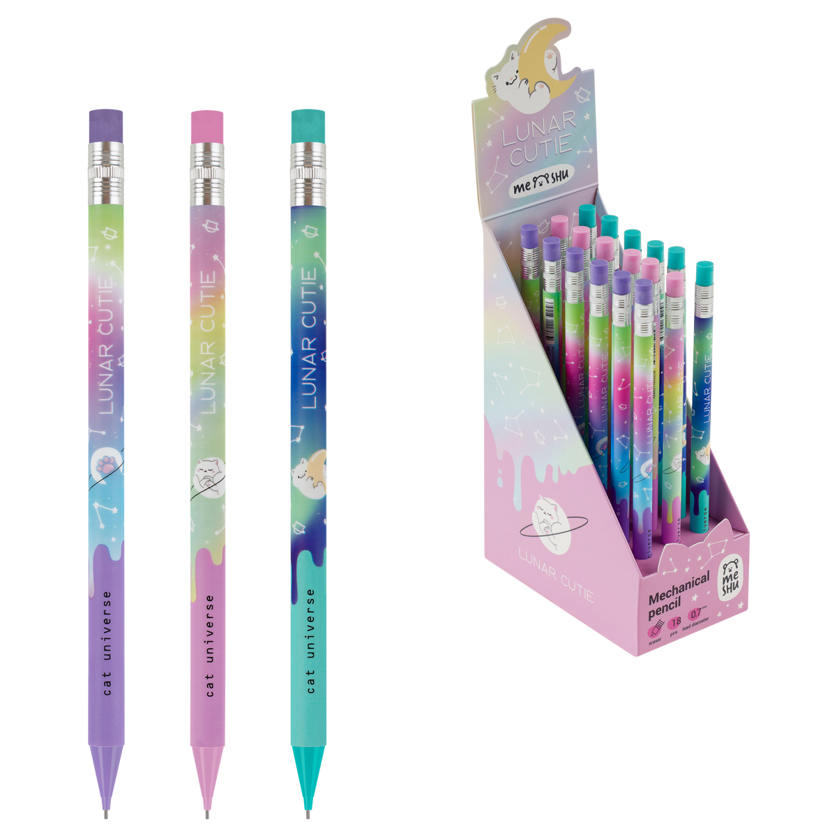 Карандаш механический MESHU "Cat Universe", печать на корпусе, с ластиком, 0,7мм, ассорти