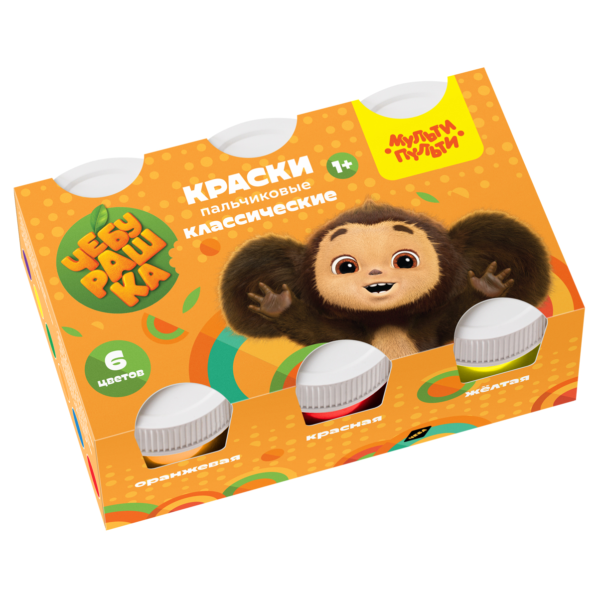 Краски пальчиковые классические с НАКЛЕЙКАМИ Мульти-Пульти "Чебурашка - Мои первые пальчиковые краски", 06 цветов, 210мл, для малышей, 1+, картон
