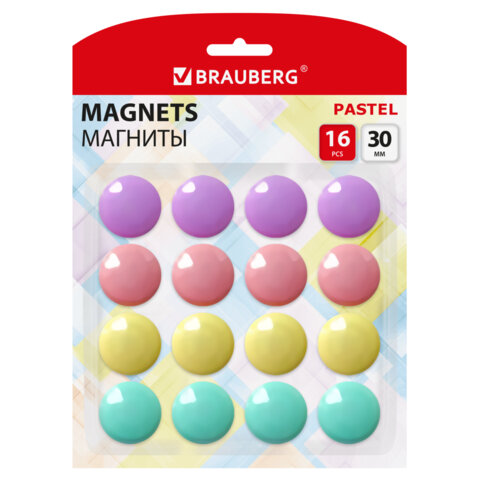 Магниты 30 мм, НАБОР 16 шт., BRAUBERG "PASTEL", блистер, 272519