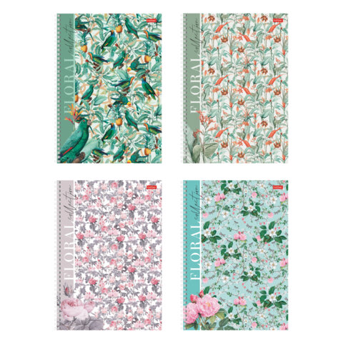 Тетрадь А4 80л. HATBER гребень, клетка, матовая ламинация, Floral collection (микс в спайке), 082972, 80Т4лВ1гр
