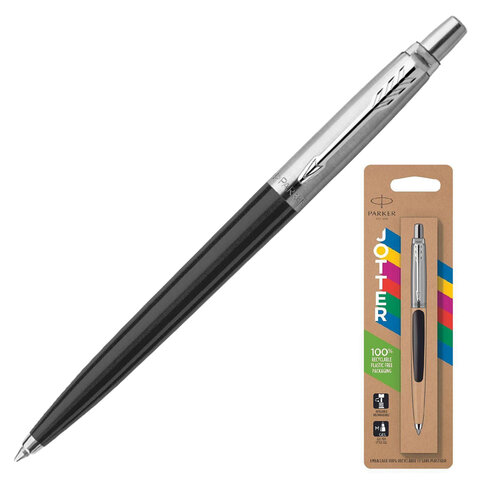 Ручка шариковая PARKER "Jotter Plastic CT", корпус черный, детали из нержавеющей стали, блистер, синяя, 2096873