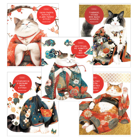 Тетрадь А5 48л. HATBER скоба, клетка, обложка картон, Мудрые котики (микс в спайке), 088362, 48Т5В1