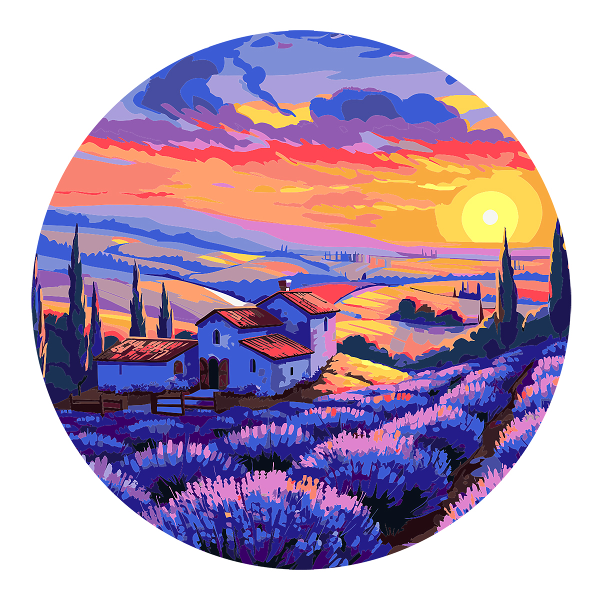 Картина по номерам на фигурном холсте ТРИ СОВЫ "Лавандовый закат", форма круг, с акриловыми красками и кистями