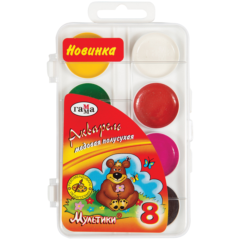 Акварель Гамма "Мультики", медовая, 8 цветов, без кисти, пластик. упак., европодвес