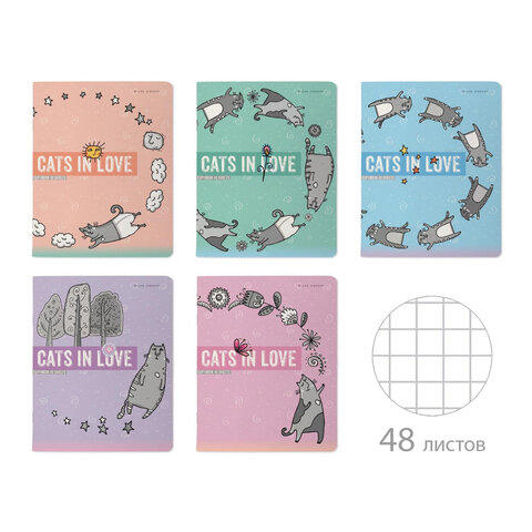 Тетрадь А5 48л. BRUNO VISCONTI скоба, клетка, Soft Touch, CATS IN LOVE (5 видов), 7-48-1230