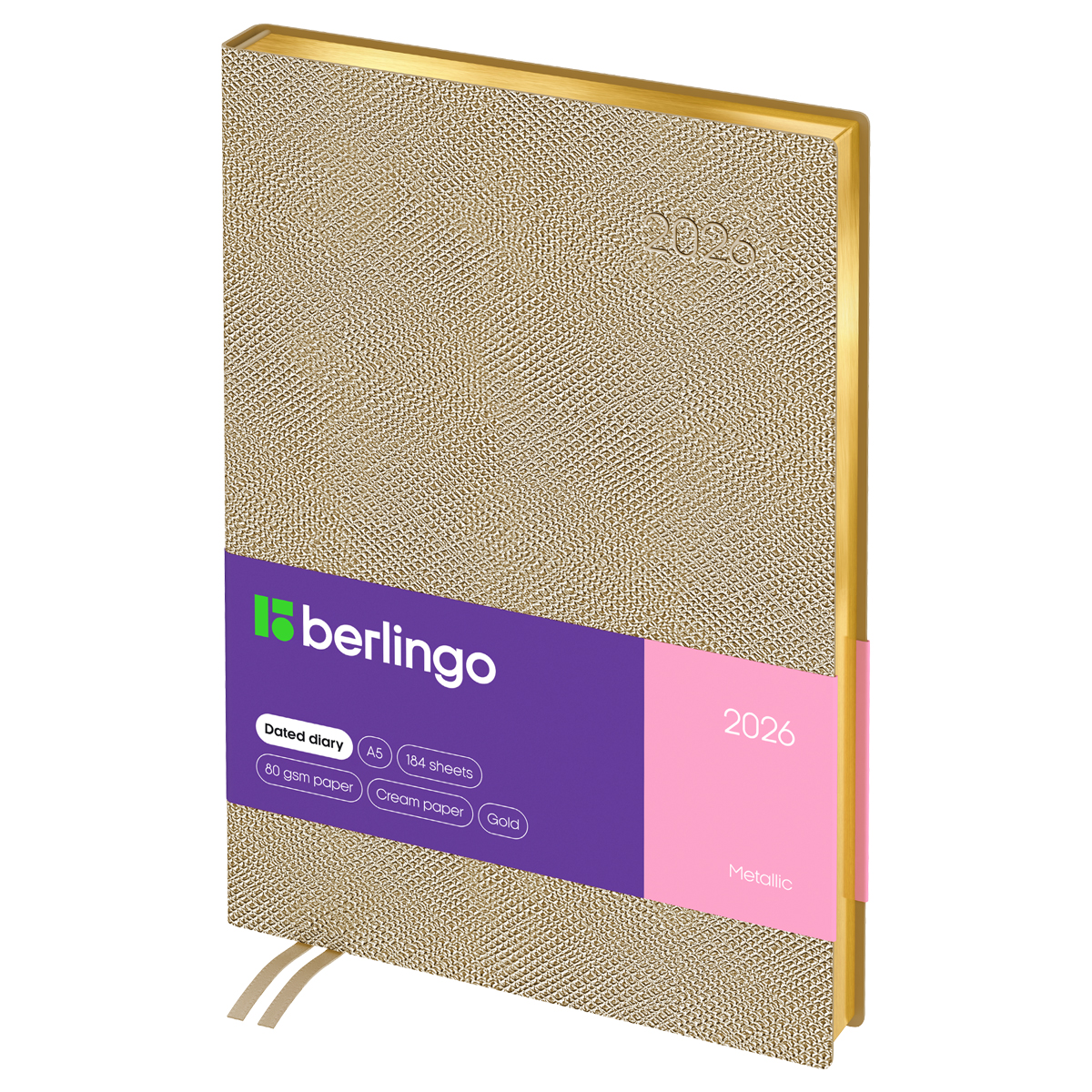 Ежедневник датированный 2026г., А5, 184л., кожзам, Berlingo "Metallic", зол. срез, золотой металлик