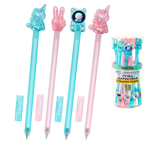 Ручка с акриловым топпером шариковая FUNSTER "ACRYL MIX", СИНЯЯ, ассорти, пишущий узел 0,7 мм, линия письма 0,35 мм, 144380