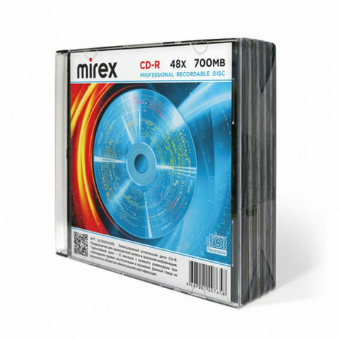 Диски CD-R MIREX, 700 Мб 48x Slim Case, КОМПЛЕКТ 5 шт, UL120051A8F