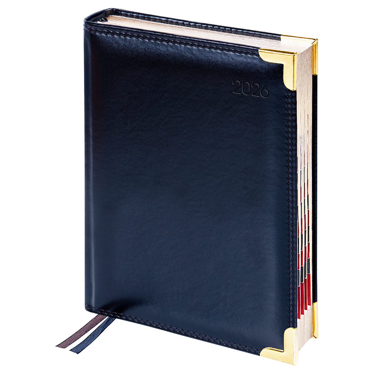 Ежедневник датированный 2026г., А6, 184л., Delucci, Гладкая кожа, зол. срез, черный