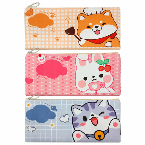 Пенал-конверт ПИФАГОР, 1 отделение, ПВХ, ассорти "Pets", 22x10 см, 273824