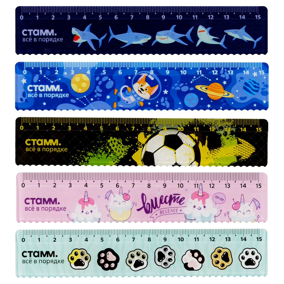 Линейка 15см СТАММ ассорти, пластиковая, с волнистым краем, европодвес