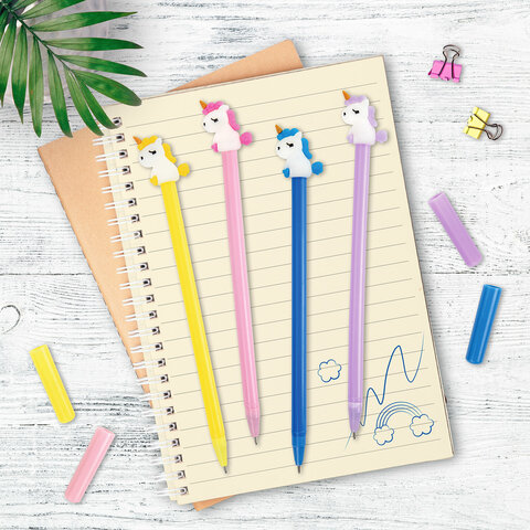 Ручка с топпером шариковая масляная ЮНЛАНДИЯ "Единорог", корпус ассорти, СИНЯЯ, пишущий узел 0,7 мм, 143805