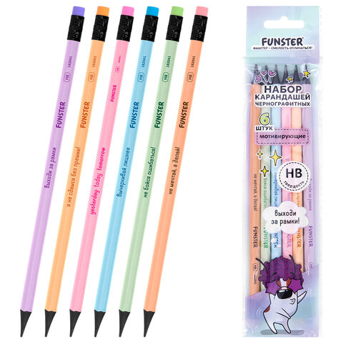 Набор карандашей чернографитных с мотивирующей надписью FUNSTER (ФАНСТЕР) FUNNY NOTES PSTL, 6 штук, HB, с ластиком, 182041
