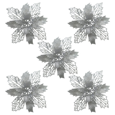 Украшение ёлочное КОМПЛЕКТ 5 шт "Цветок с клипсой", диаметр 15см, ПВХ, серебро, ЗОЛОТАЯ СКАЗКА, 592604