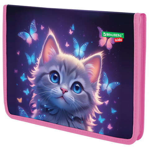 Папка для тетрадей BRAUBERG KIDS А4, 1 отделение, пластик, молния вокруг, "Curious cat", 273336