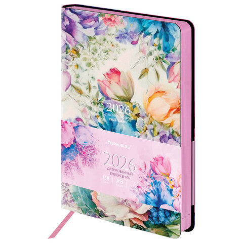 Ежедневник датированный 2026 А5 138x213 мм, BRAUBERG "Vista", под кожу, гибкий, "Цветы", 117447
