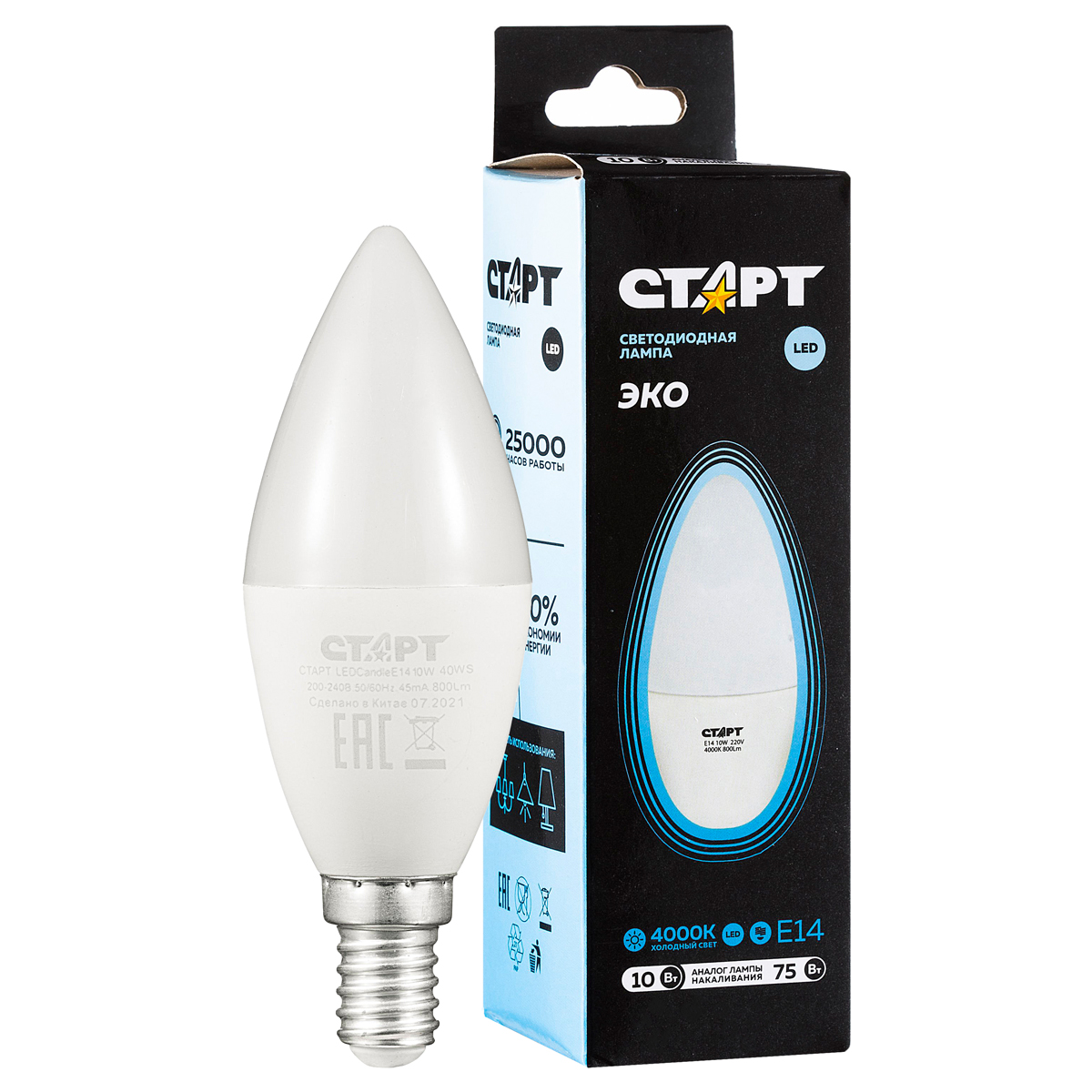 Лампа светодиодная Старт LED, серия "WS" 10W40, тип С "свеча", E14, 4000К, нейтральный свет, 25000ч