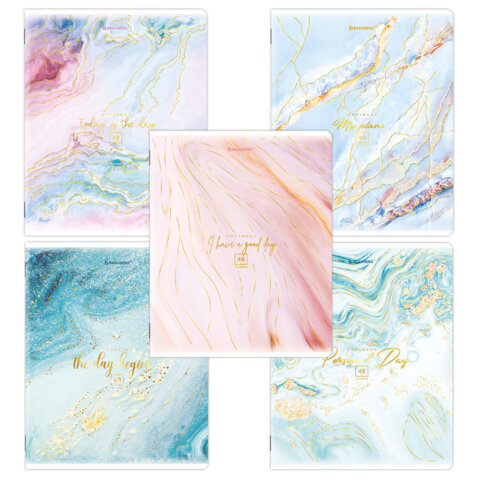 Тетради КОМПЛЕКТ 5 шт. А5, 48 л. BRAUBERG, скоба, клетка, SoftTouch, фольга, "Pastel Marble", 404398