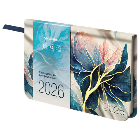 Еженедельник датированный 2026 МАЛЫЙ ФОРМАТ 95х155 мм, А6, BRAUBERG "Vista", под кожу, "Цветы", 117204