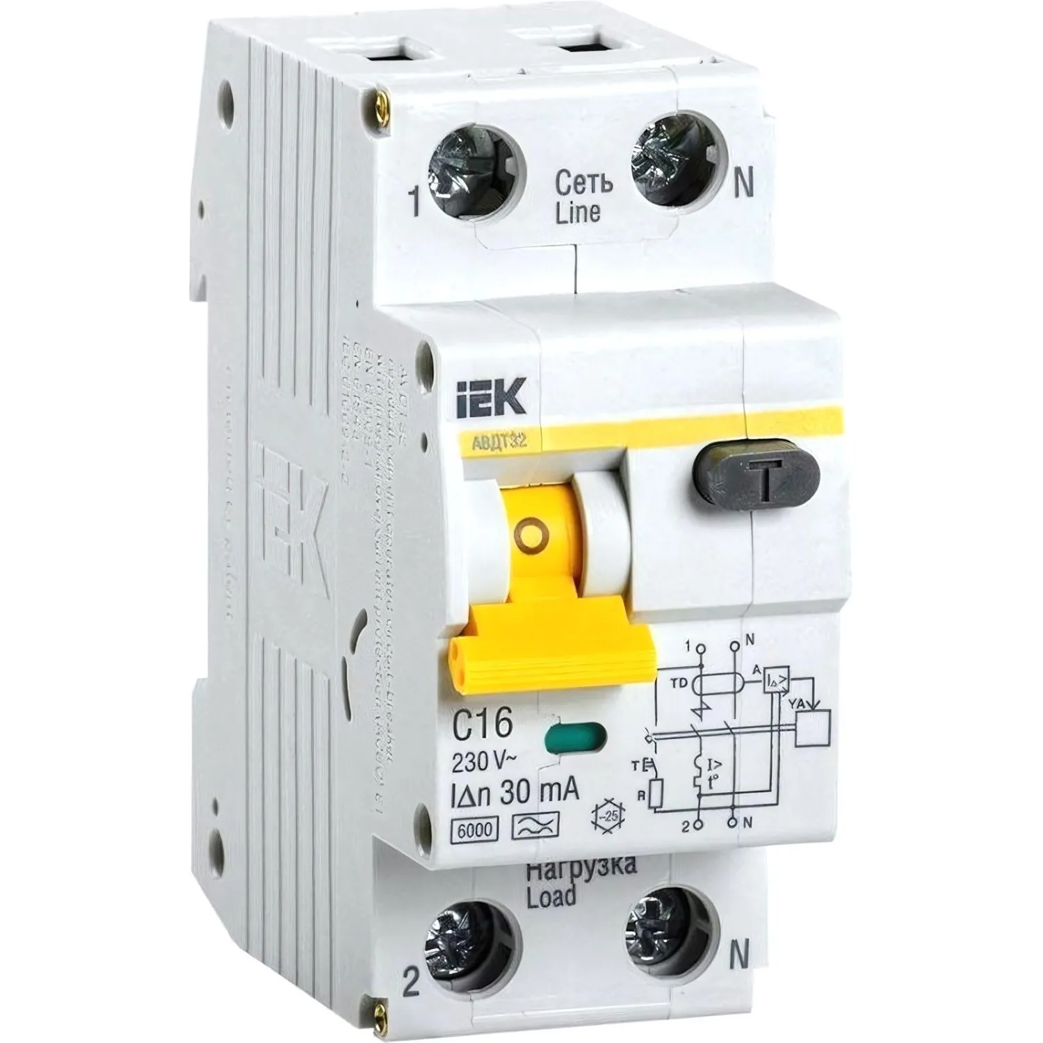 Выключатель автом. диф. тока IEK АВДТ-32 2п (1P+N) C 16А 30мА A 6кА