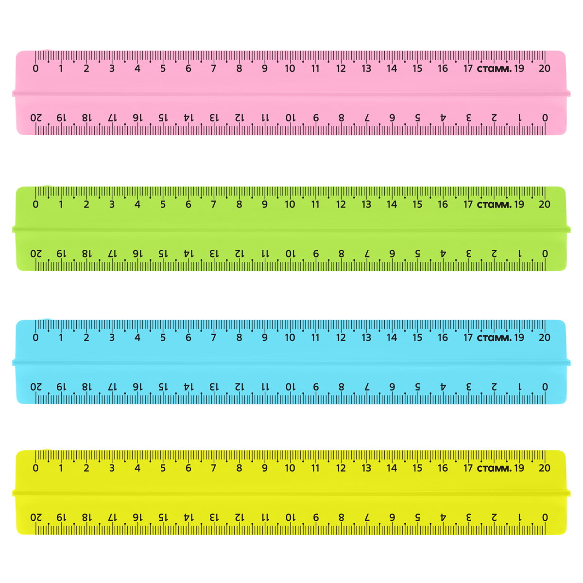 Линейка 20см СТАММ, пластиковая, с держателем, прозрачная, неоновые цвета, ассорти