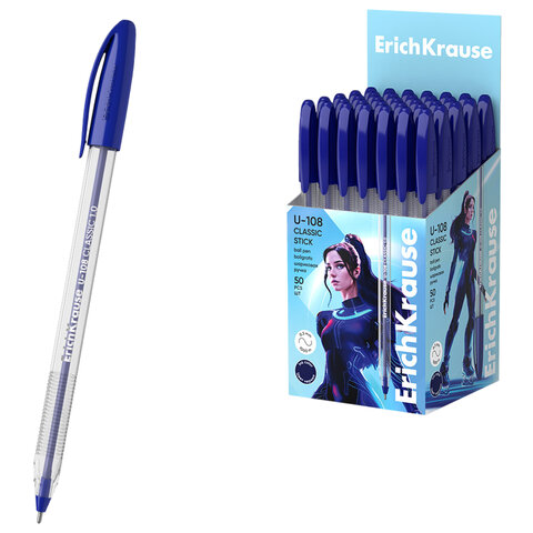 Ручка шариковая ERICH KRAUSE "U-108 Stick Classic", СИНЯЯ, узел 1 мм, линия 0,3 мм, 47564