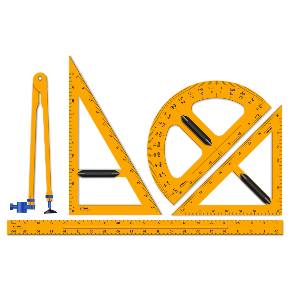 Набор для школьной доски СТАММ (линейка 100см, треугольник 30°, треугольник 45°, транспортир, циркуль), желтый, коробка