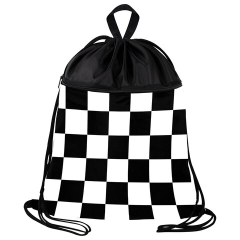 Мешок для обуви BRAUBERG БОЛЬШОЙ, с ручкой, карман на молнии, сетка, 49х41 см, "Black and white", 273452