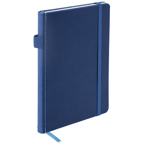 Блокнот А5 135x212мм BRAUBERG "Soft touch" под кожу, резинка, держатель, 80л клетка, синий, 117149