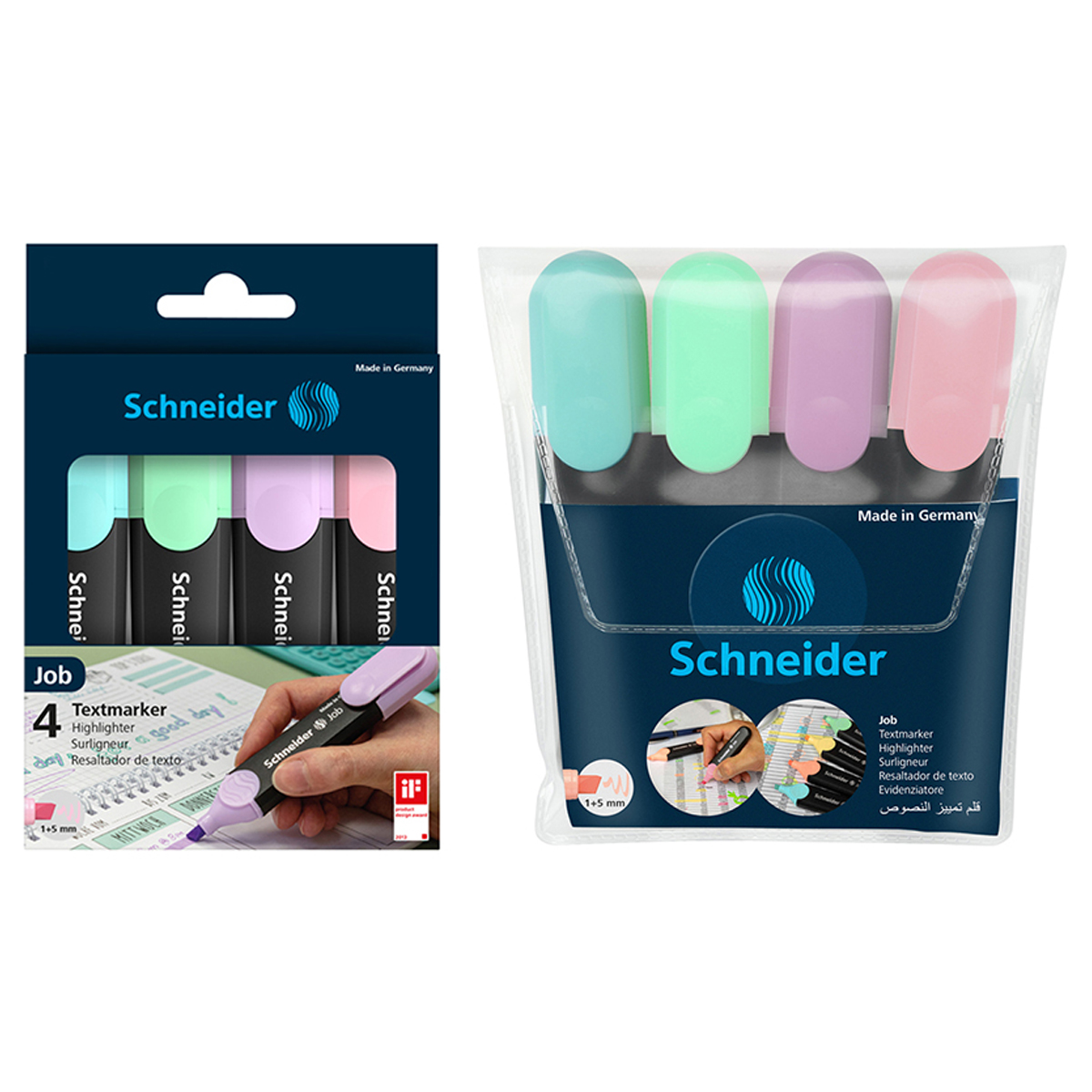 Набор текстовыделителей Schneider "Job" 04цв., пастельные ассорти, 1-5мм, прозрачный чехол