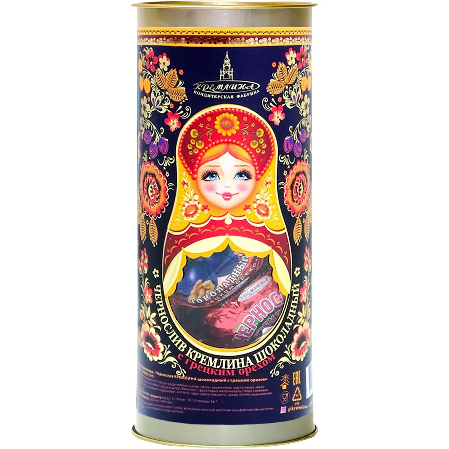 Конфеты Кремлина чернослив шок. с грец. орехом,Матрешка Хохлома, 250г