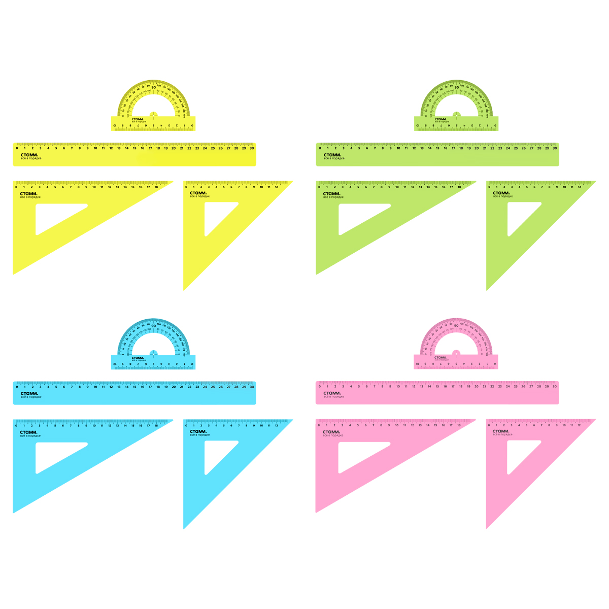 Набор чертежный СТАММ, размер L (линейка 30см, 2 треугольника, транспортир), прозрачный, неоновые цвета, ассорти, европодвес