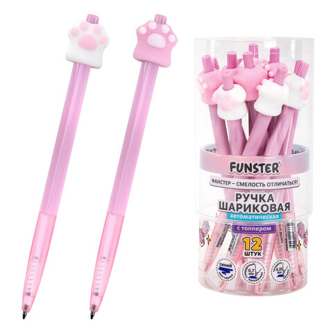 Ручка с топпером шариковая автоматическая FUNSTER "CAT PAW", СИНЯЯ, ассорти, пишущий узел 0,7 мм, линия письма 0,35 мм, 144376
